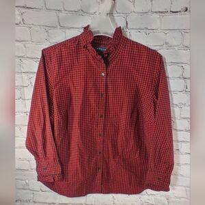 Chaps Womens 3X Shirt Gingham Plaid Red 50's style Ruffled Collar Blouse